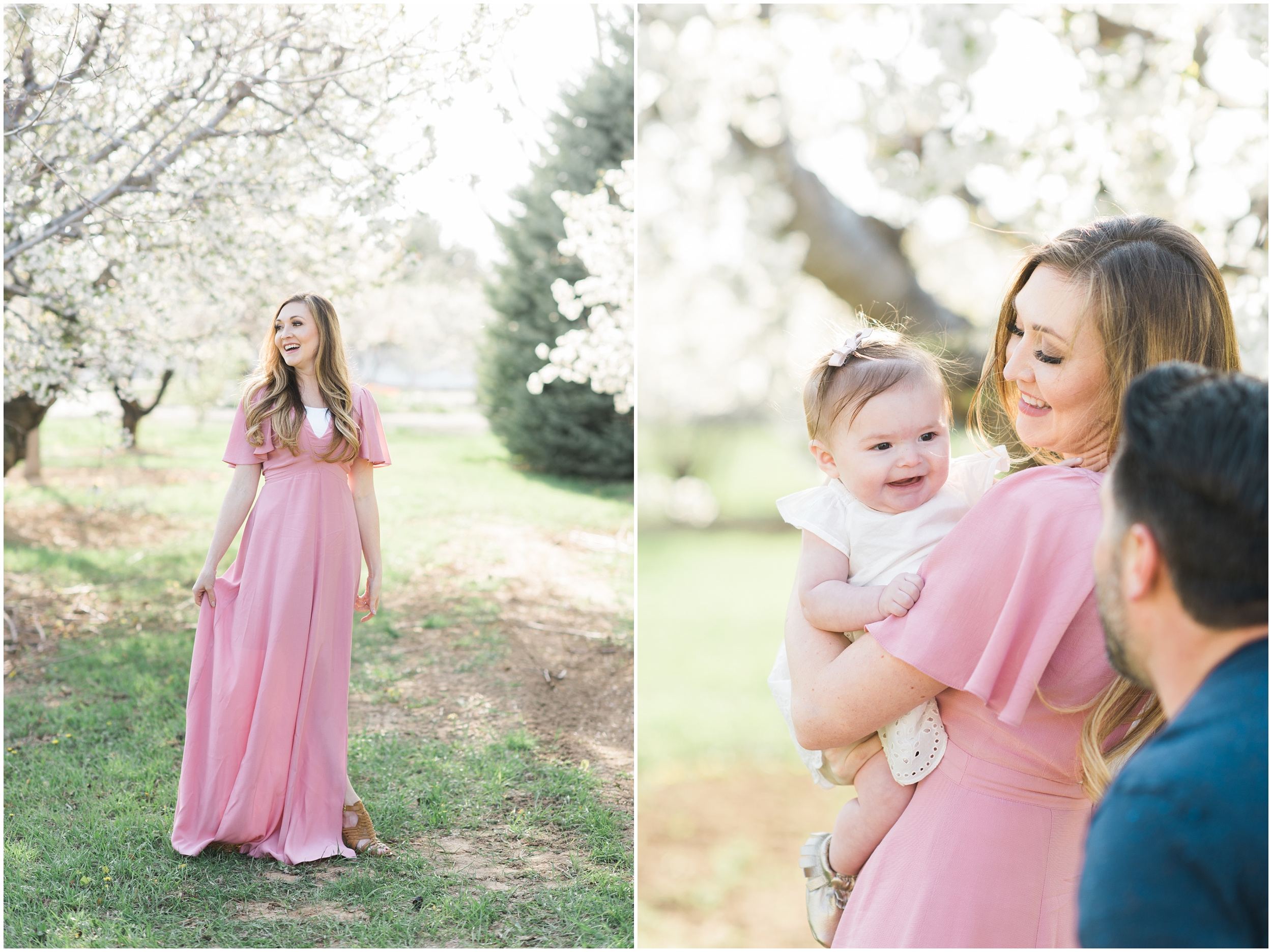 Blush dress, blush and navy blue, spring blooms, long blush dress, down hair, white baby dress, gold shoes, family photographers in Utah, Utah family photographer, family photos Utah, Kristina Curtis photography, Kristina Curtis Photographer, www.kristinacurtisphotography.com