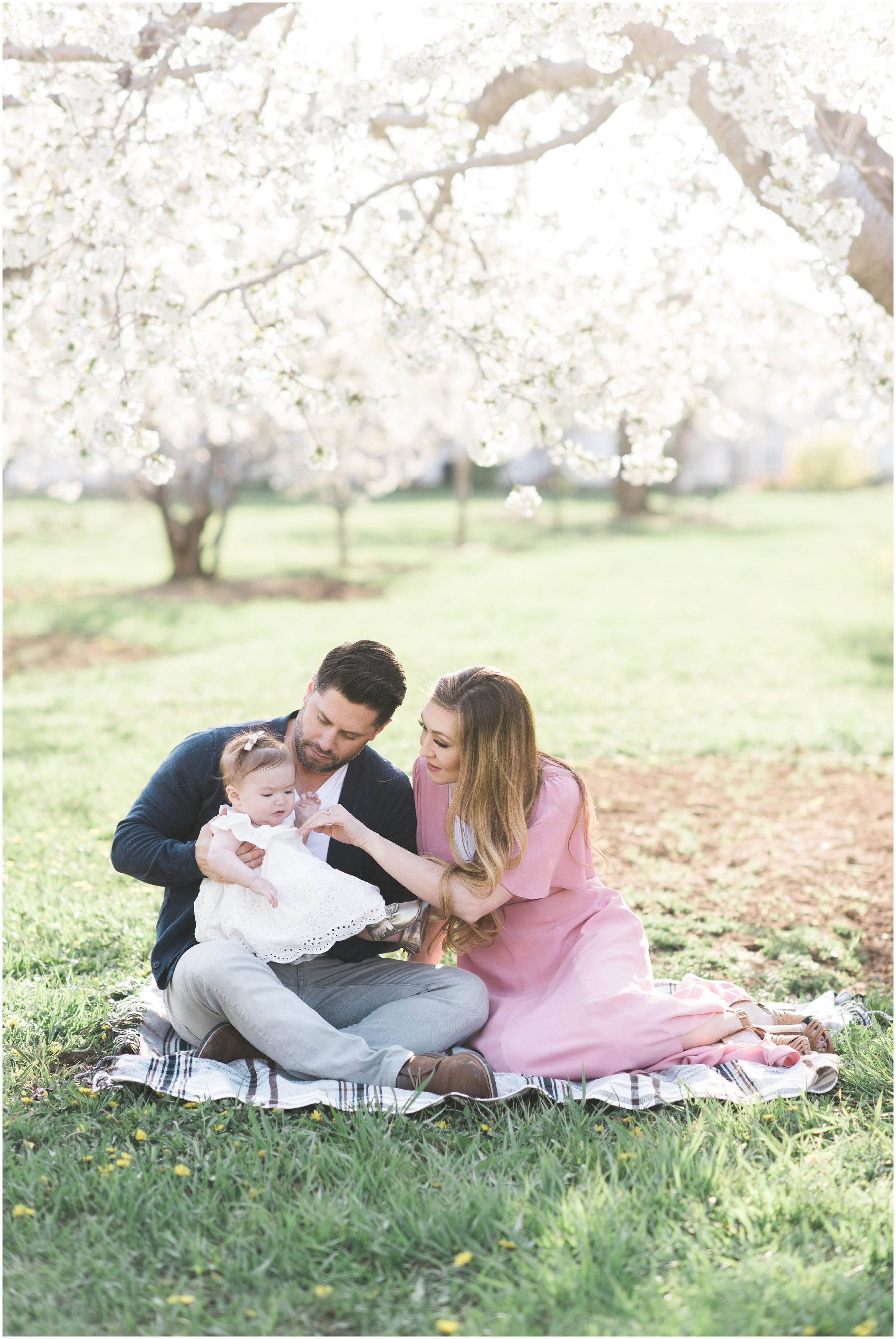 Blush dress, blush and navy blue, spring blooms, long blush dress, down hair, white baby dress, gold shoes, family photographers in Utah, Utah family photographer, family photos Utah, Kristina Curtis photography, Kristina Curtis Photographer, www.kristinacurtisphotography.com