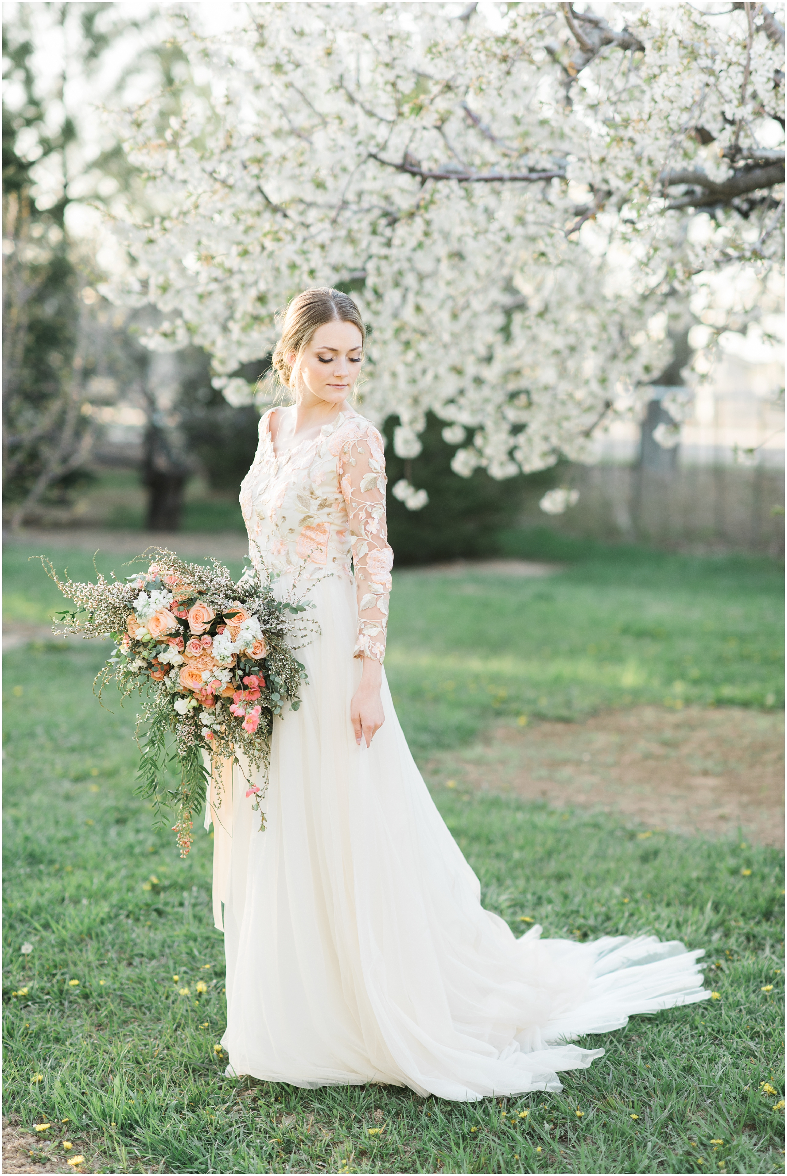 Pink floral wedding dress, pink bouquet, blush bouquet, outdoor bridals, wedding inspiration, blush wedding inspiration, Kristina Curtis, blush flowers, spring blossoms photos, spring bridals, outdoor bridals, floral wedding dress, blush wedding, spring outdoor bridals, photographers in Utah, Utah family photographer, family photos Utah, Kristina Curtis photography, Kristina Curtis Photographer, www.kristinacurtisphotography.com