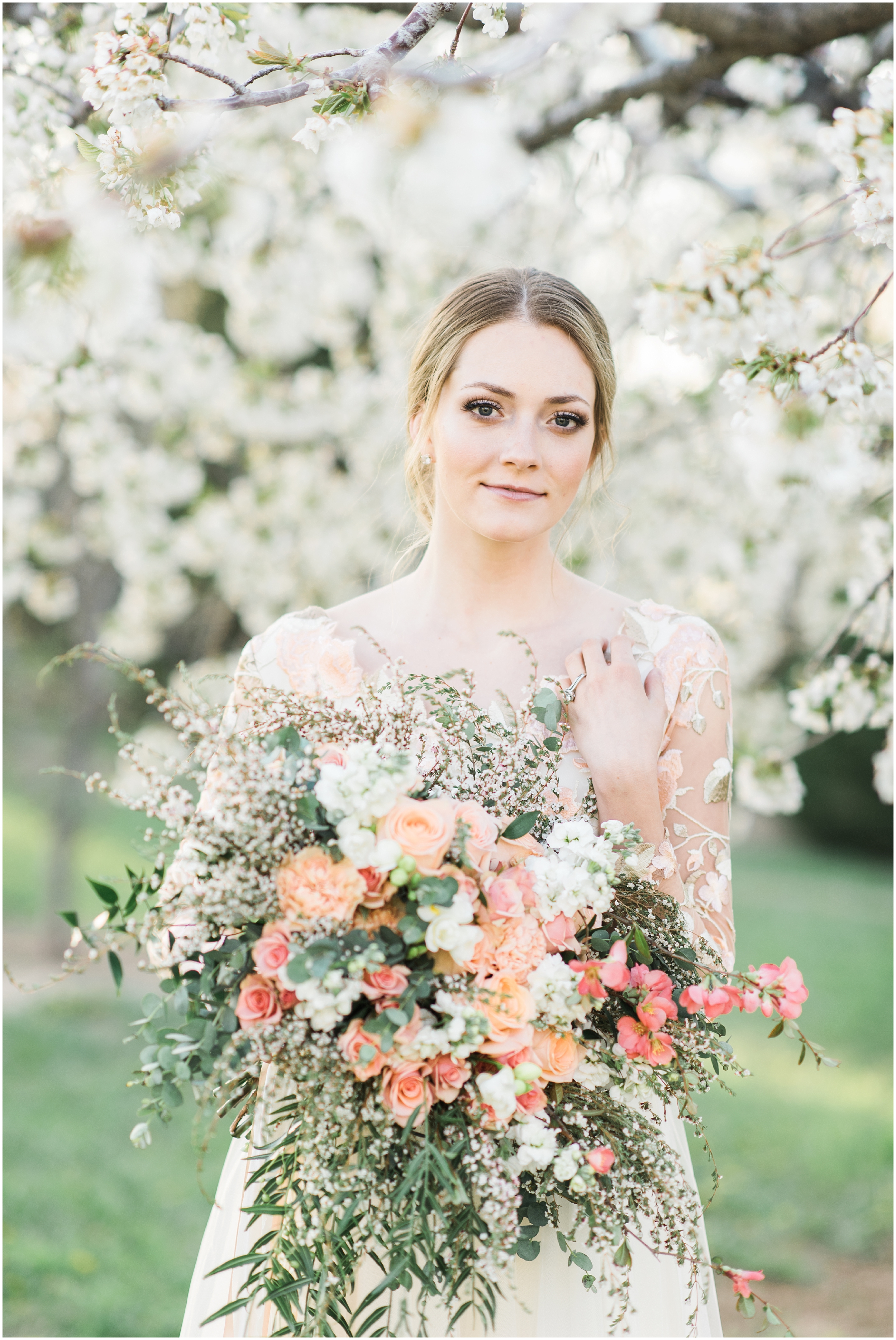 Pink floral wedding dress, pink bouquet, blush bouquet, outdoor bridals, wedding inspiration, blush wedding inspiration, Kristina Curtis, blush flowers, spring blossoms photos, spring bridals, outdoor bridals, floral wedding dress, blush wedding, spring outdoor bridals, photographers in Utah, Utah family photographer, family photos Utah, Kristina Curtis photography, Kristina Curtis Photographer, www.kristinacurtisphotography.com